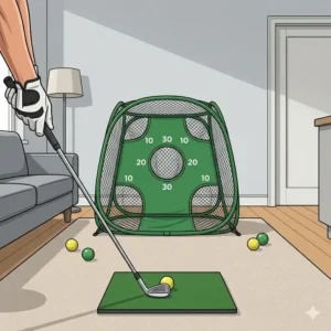 A collapsible chipping target net setup on a living room rug as golf training aids for small spaces.