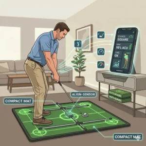 Alignment sticks combined with a turf mat for professional compact golf practice equipment drills.