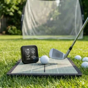 7: A digital swing analyzer used with a portable golf training kit.