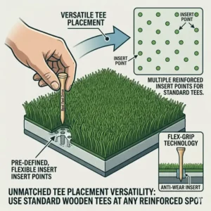 An illustration of a golfer inserting a standard wooden tee into a golf practice mat real feel designed for driving.