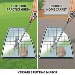 Illustration of a portable golf putting alignment mirror being used for both indoor home practice and outdoor putting greens.