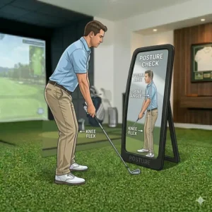 Side view of a golfer using a golf training mirror indoor for posture correction.