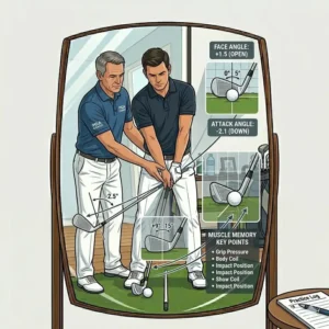An instructor guiding a student on how to use a golf swing mirror practice device for better muscle memory.