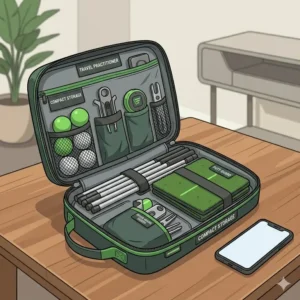 A travel bag organizing various pieces of compact golf practice equipment for easy storage.