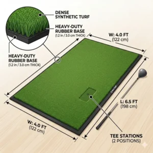 Dimensions of a large professional-grade golf turf mat for home practice compared to a standard club.