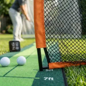 Close up of the durable netting of a portable golf training kit.