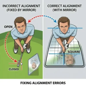 A comparison diagram showing how a golf putting alignment mirror corrects poor shoulder alignment and open putter faces.