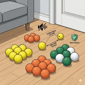 A close-up of limited-flight foam balls used with golf training aids for small spaces for safe indoor practice.