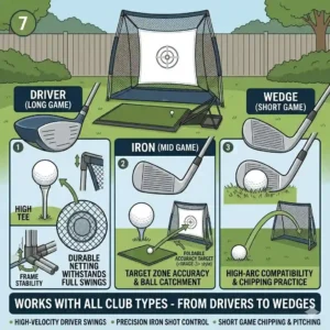 Illustration demonstrating the durability of foldable golf practice equipment when used with drivers and irons.