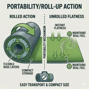 A golfer easily rolling up a portable golf practice mat real feel that maintains its flatness when unrolled.