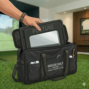 Storing a lightweight golf training mirror indoor into a carry bag after practice.