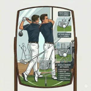 A side-view illustration of a golfer finishing their swing while observing the follow-through in a golf swing mirror practice mirror.