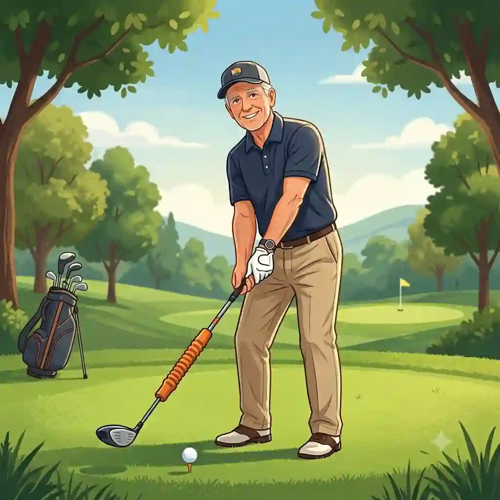 An older man smiling while practicing his swing using a golf training aid on a sunny golf course.