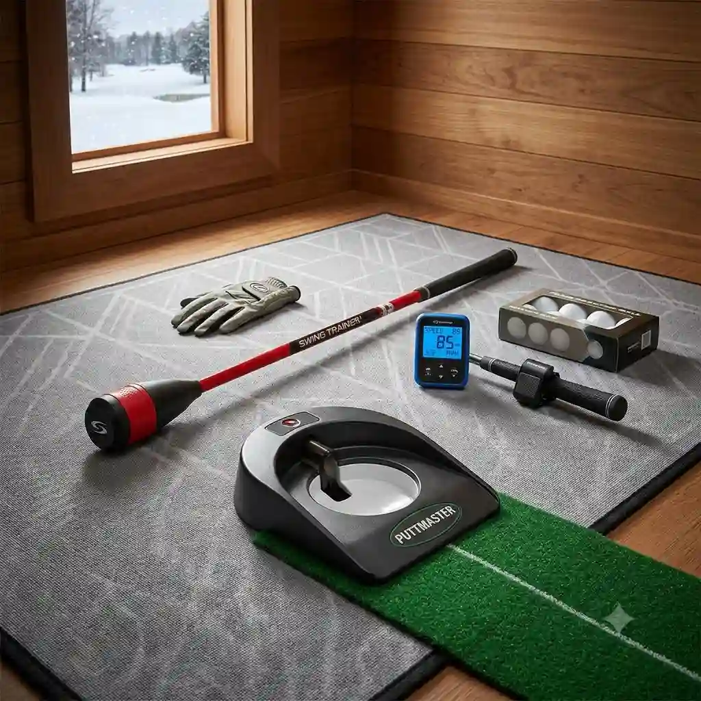 A collection of the best golf training aids for winter organized neatly in a modern home practice setup.