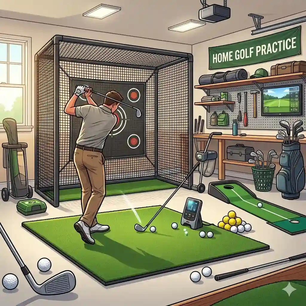 A comprehensive view of a complete home golf practice set featuring a high-quality hitting net and turf.
