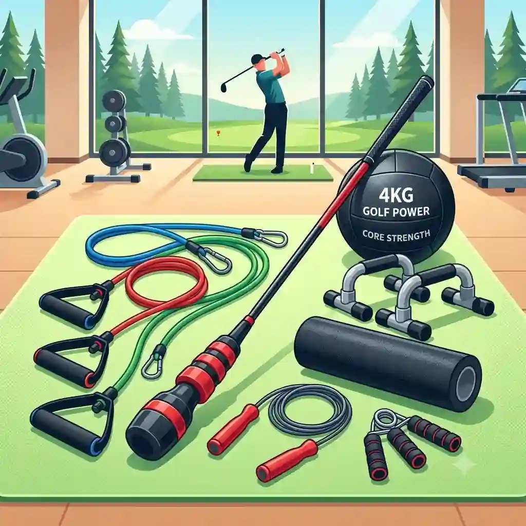 A professional selection of premium golf strength training accessories, including resistance bands and weighted clubs, neatly arranged on a fitness mat.