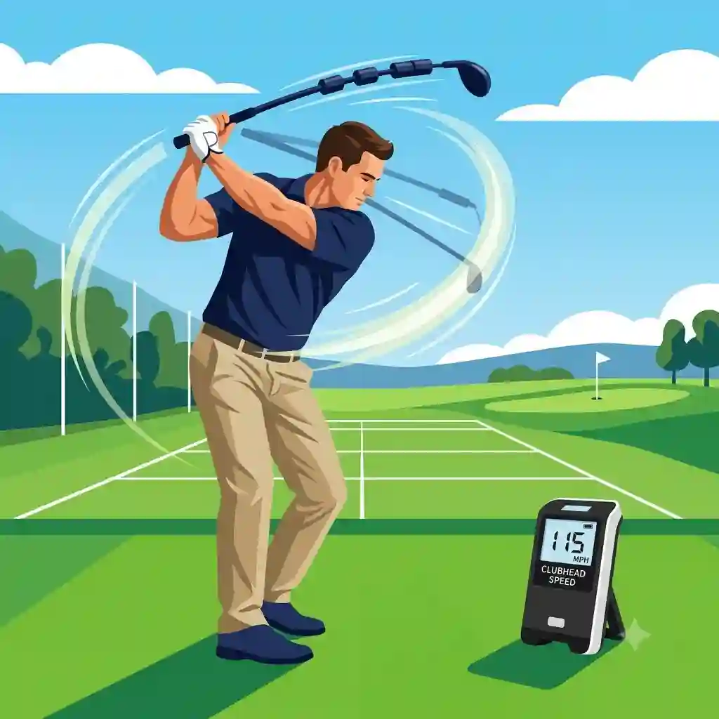 1-featured-image-golf-speed-training-system: A generic illustration of a complete golf speed training system, showing a golfer mid-swing.