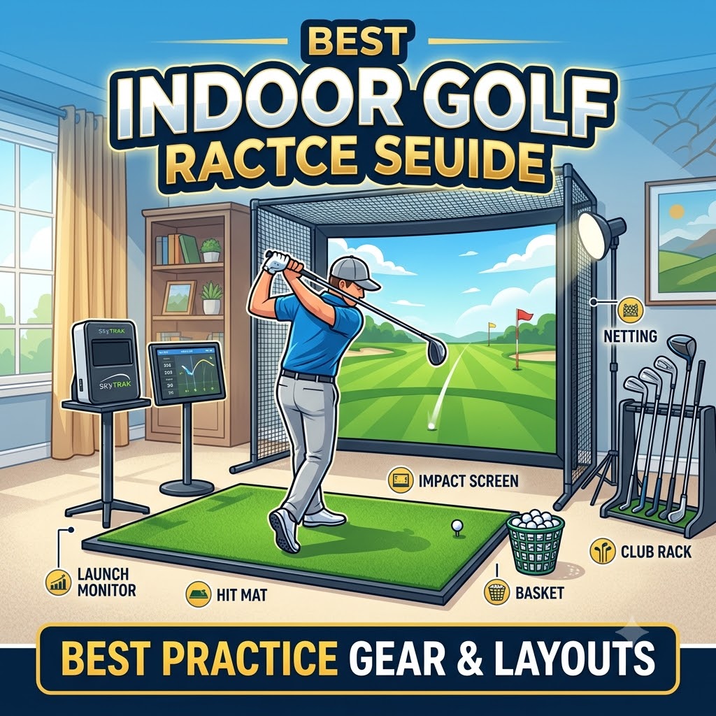 A professional indoor golf practice setup featuring a launch monitor, high-quality hitting mat, and a large impact screen in a home room.