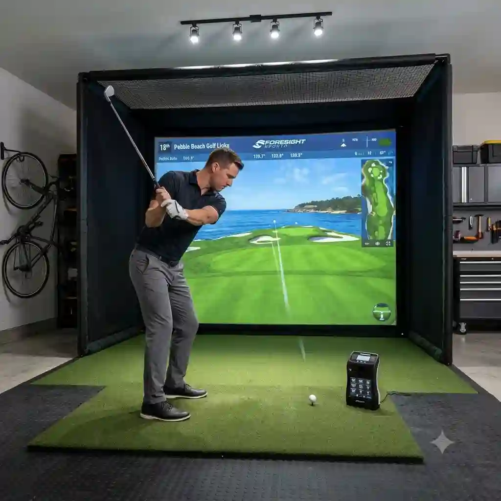 A premium garage golf practice setup featuring a simulator screen and high-end equipment.