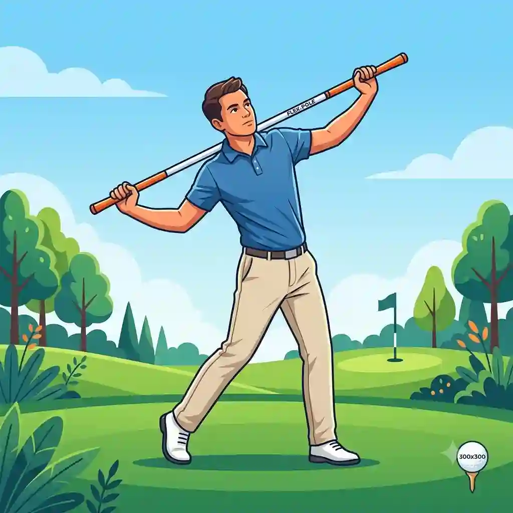 A golfer performing a dynamic torso twist on the green using golf flexibility training tools to improve swing rotation.