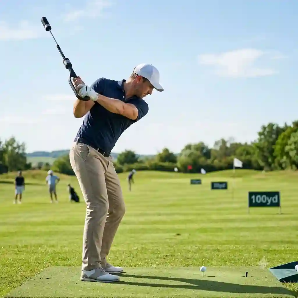 A golfer practicing with a premium golf swing speed trainer on a driving range to increase clubhead speed.