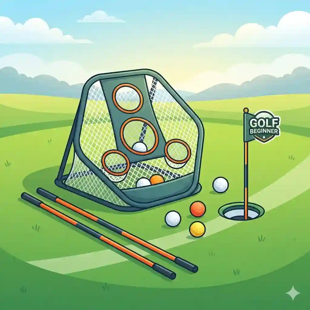 An assortment of essential golf training equipment for beginners arranged on a green grass field, including alignment sticks, a chipping net, and a practice putting cup.