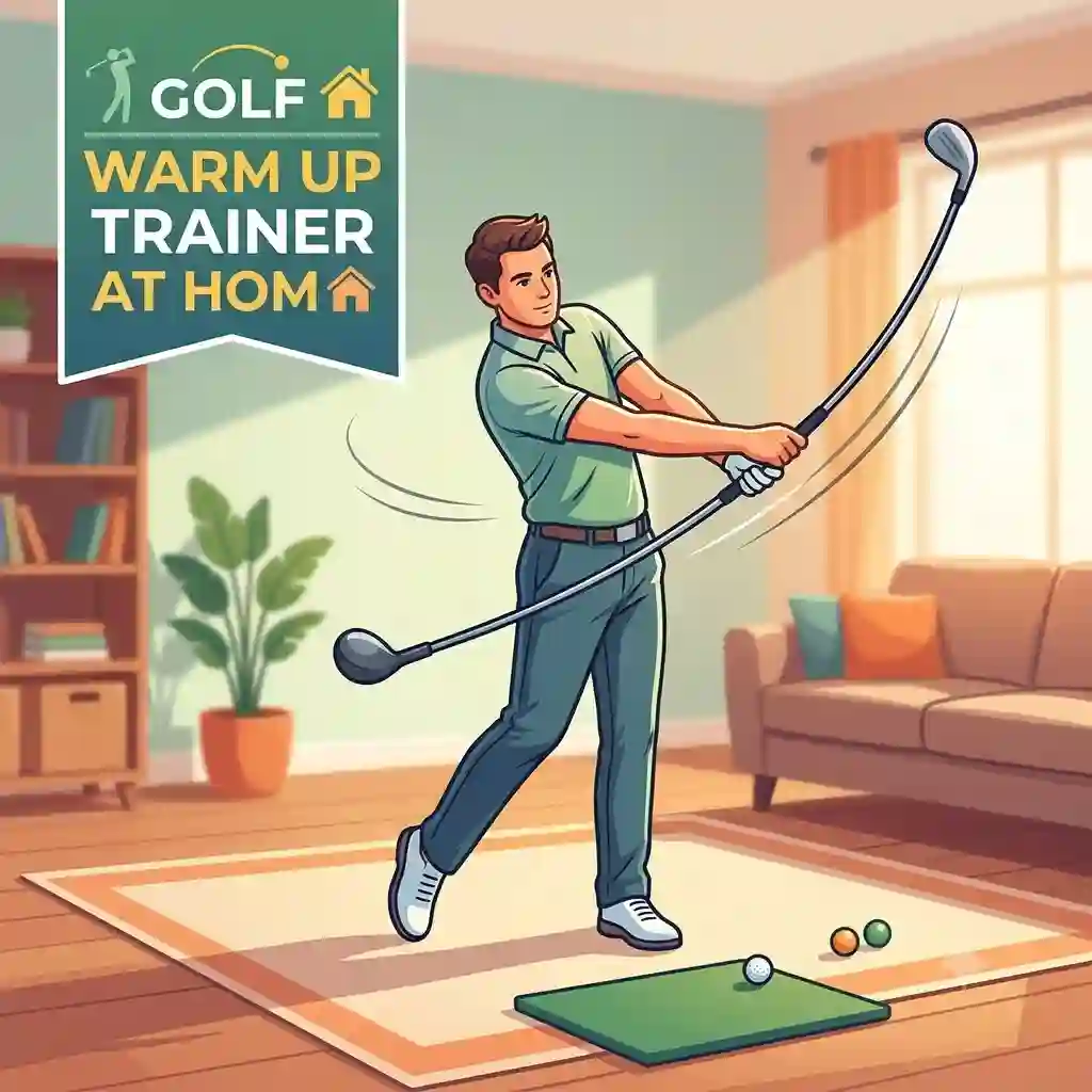 A golfer practicing their swing using a golf warm up trainer at home in a living room setup.