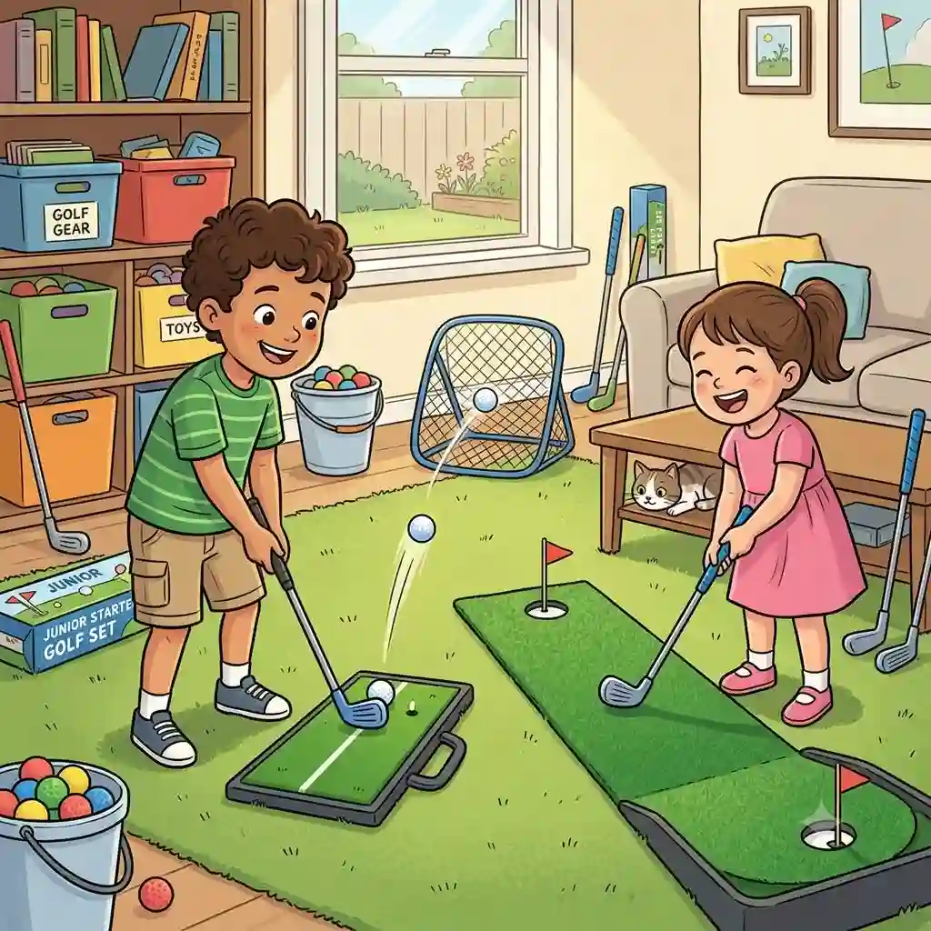 A young boy and girl happily using various kids golf practice equipment home setup in a cozy living room.