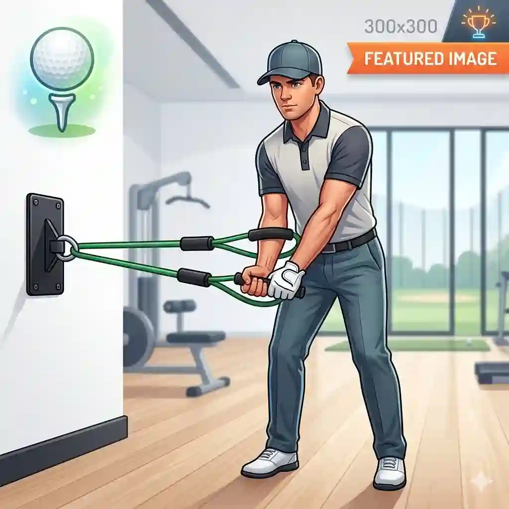 A male golfer practicing a full golf swing in a minimalist gym using resistance bands for golf training anchored to the wall.