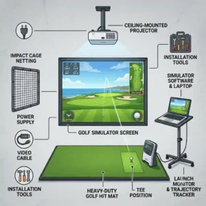 Detailed diagram of essential components for a professional garage golf practice setup.
