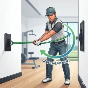 A 300x300 vector illustration showing a golfer executing a powerful core rotation and torso twist using resistance bands for golf training.