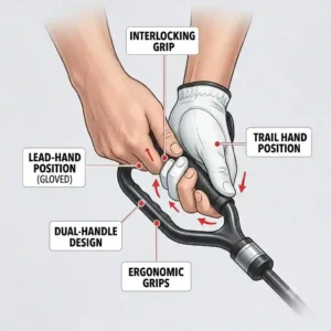 Diagram showing the proper grip and stance setup when using a golf swing speed trainer.
