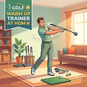 An illustration of a golfer performing dynamic torso twists using a golf warm up trainer at home to improve mobility.
