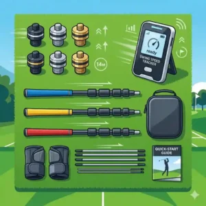 An illustration of the components that make up a comprehensive golf speed training system, such as different types of weighted clubs.