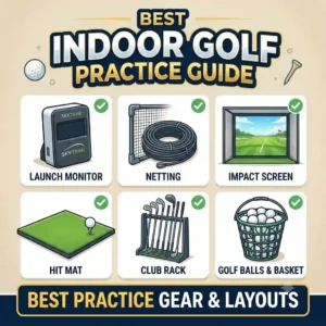 An infographic diagram showcasing the essential gear and components required to build a complete indoor golf practice setup.