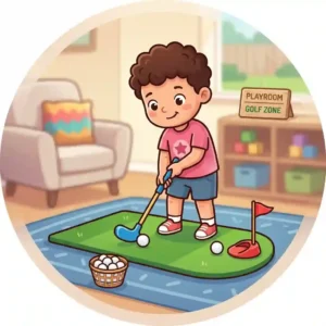 A little boy carefully aiming his putt on a portable mat using kids golf practice equipment home set.