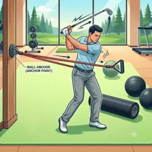 Vector illustration of a golfer using heavy-duty resistance bands, which are essential golf strength training accessories for increasing swing power and core stability.