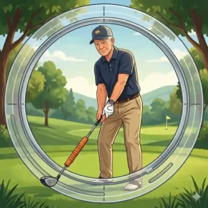 An illustration of a senior golfer using a circular swing plane guide to improve alignment and muscle memory.