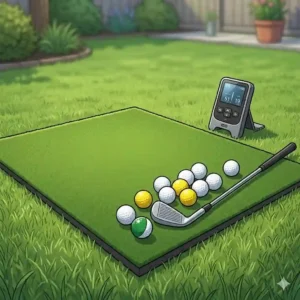 A durable hitting mat from the complete home golf practice set designed for consistent ball strikes.