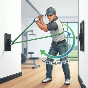 A 300x300 graphic demonstrating the proper body coil and form at the top of a backswing using resistance bands for golf training.