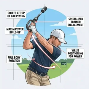 An illustration of a golfer at the top of the backswing using a golf swing speed trainer for power build-up.