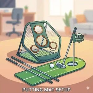 An indoor golf training equipment for beginners putting mat with distance markers and alignment lines, perfect for at-home practice.