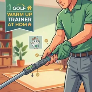 Close-up illustration showing proper hand placement on a golf warm up trainer at home tool for practice.