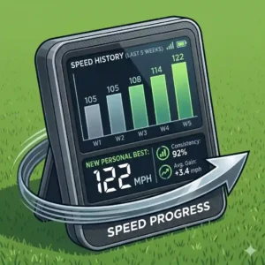 A depiction of how a speed tracking device might look when using a modern golf speed training system to monitor clubhead velocity.
