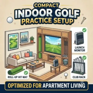 A compact and space-saving indoor golf practice setup designed specifically for apartment living rooms.
