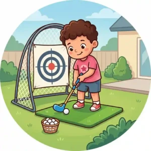 A young boy training his swing with a backyard target net using kids golf practice equipment home gear.