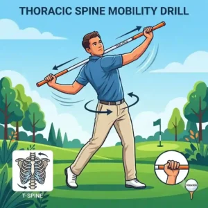 Diagrammatic illustration of a thoracic spine mobility drill utilizing specialized golf flexibility training tools.