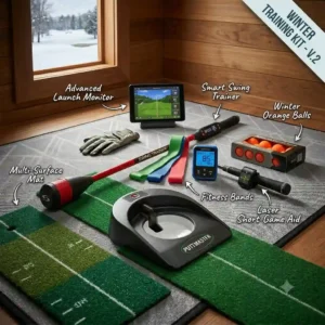 Close-up of a swing analyzer sensor club attachment representing smart golf training aids for winter.