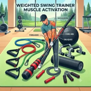 A detailed muscle activation chart illustrating the specific muscle groups engaged when using a weighted swing trainer, one of many useful golf strength training accessories.