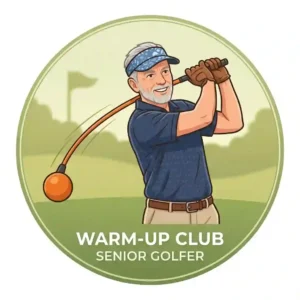 A diagram showing a senior golfer warming up with a flexible, weighted training club to increase swing speed.